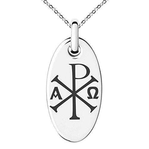 Stainless Steel Chi Rho Alpha Omega Symbol Small Oval Charm Pendant Necklace
