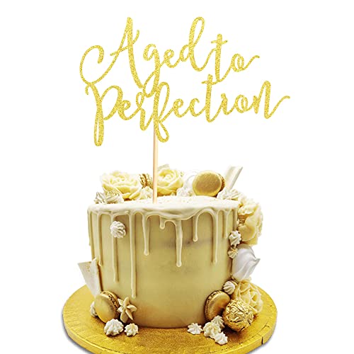 Arthsdite Aged to Perfection Cake Topper, Happy Birthday Engagement Retirement Party Decorations Supplies - Gold Glitter