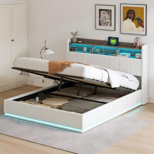 DAHUEN Letto Imbottito Matrimoniale 160x200 cm, Lettos Idraulico con Testiera Portaoggetti, Letto contenitore 160x200, Ricarica USB e Illuminazione a LED, Velluto, Bianco (Bianco, 160 x 200 cm)