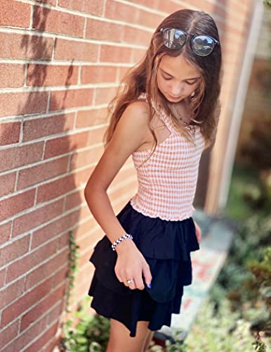 Arshiner Girls Triple Layer Ruffle Skirt Flared Skirt Solid Color Cute Casual Summer Mini Skirt Black 6-7 Years #TOP4