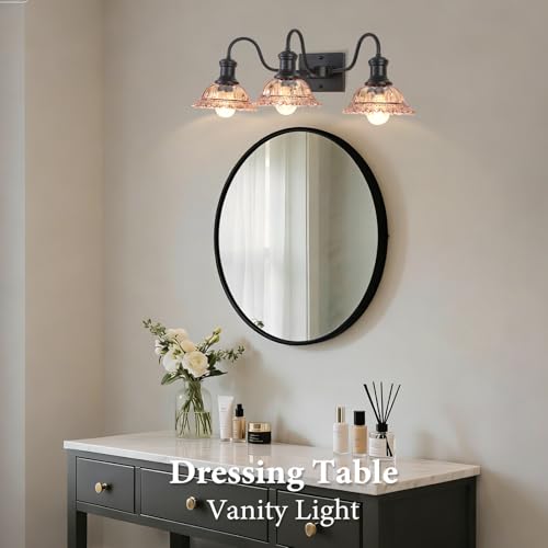 Image of Farmhouse Vanity Lights 3-Light, Black Bathroom Light Fixtures with Amber Glass Shade, Vintage Vanity Lights Over Mirror, Farmhouse Wall Sconce for Bathroom, Vanity Table, Foyer