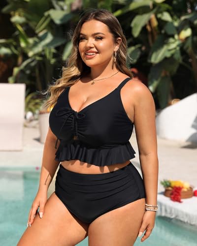 Daci Women Plus Size Two Piece Swimsuits - High Waisted Bikini Set Ruffle Tummy Control Bathing Suits with Bottom4