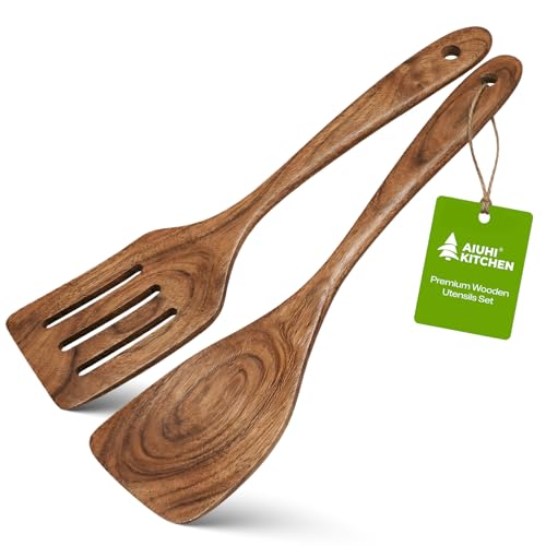 AIUHI 2Pcs Wooden Spatulas, Teak Wood Long Handle Flat Fryin...