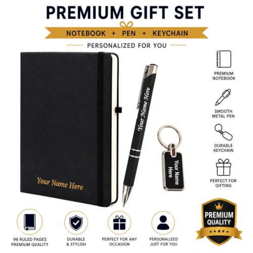 Image of Personalized Diary with Metal Pen & Keychain Combo Set, Black | Ideal Gift for birthday, anniversary, Rakhi, Diwali, Corporate gift for employees, Three piece combo for men and women