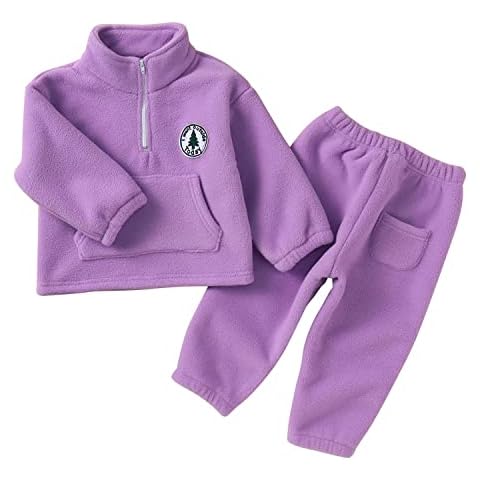 Baby Boy Girl Clothes Lapel Zipper Sweatshirt Fuzzy Long Sleeve Pants Set Solid Color Fall Winter Outfits, Purple, 6-12 Months Cover