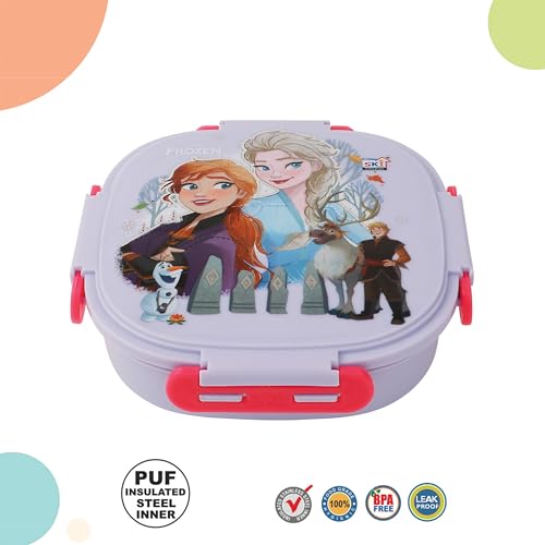 Image of SKi Homeware Baker Insulated 3 Grid Bento Lunch Box With Stainless Steel Inner And A Steel Spoon- Frozen, 450Ml (character style may vary)