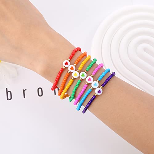 Colorful Beaded Bracelets For Women Girls Glass Seed Beads Stackable Heart Beads Rainbow Stretch Friendship Bracelets Elastic Heishi Surfer Bracelets Set Summer Beach Boho Handmade Tiny Jewelry Gift #TOP4