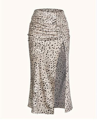 CORIRESHA Women's Summer Leopard Print Side Split Ruched High Waisted Midi Skirt3