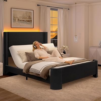 SIBEDS 18" H Full Adjustable Bed Frame, Linen Fabric Upholstered Platform Bed Frame, Electric Beds Bases with Zero Noise Quiet Motor, Remote Control, Head Incline, LED Light, Easy Assembly, Black