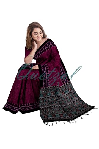 Image of Quetzal Women's Magenta Pure Cotton Sambalpuri Batik Print Saree with Unstitched Blouse - Lightweight Comfortable Saree for Daily & Office Wear