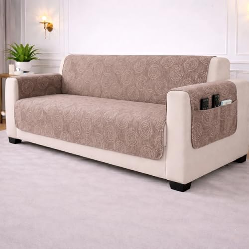Image of STITCHNEST 'Opulence Series' Floral Woven Sofa Cover for 3 Seater | Premium Soft Fabric Sofa Protector | Beige Circular Pattern with Tassel Edge Finish | Durable Living Room Furniture Cover