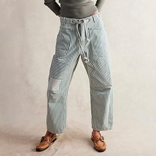 Women Y2k Striped Patchwork Pants Elastic Waist Drawstring Barrel Leg Pants Casual Loose Wide Leg Pant with Pockets3
