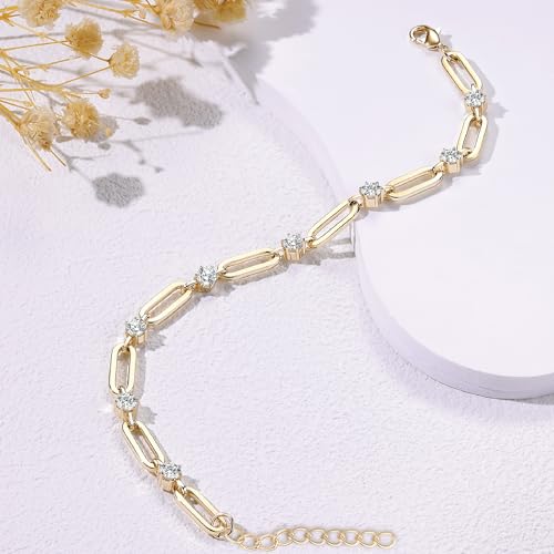 14K Gold Plated Bracelets for Women 7 Inches with 1.2 Inches Extender Paperclip Link Chain Bracelet Cubic Zirconia Jewelry Gifts Trendy for Women Men3
