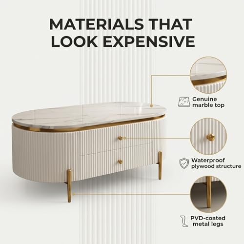 Image of Tesla Centre Table, White Marble Top with Gold Trim, Oval Modern Coffee Table with 2 Drawer Storage, Waterproof Plywood Base, PVD Metal Legs, for Living Room (White)
