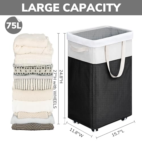 Image of Goodpick Hamper with Wheels 75L 2-Pack, Tall Laundry Basket with Removable Wash Bags, Rolling Black Laundry Hamper for Corner Dorm, Large Collapsible Laundry Baskets