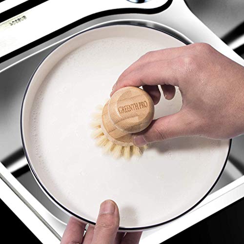Greenth Pro Palm Pot Dish Brush- Eco Friendly Bamboo 2 Packs Mini Durable Scrub For Kitchen Cleaning With Ceramics Holder #TOP4