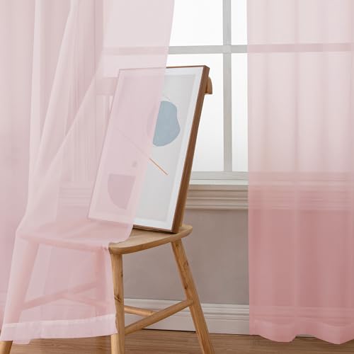 Image of Simplebrand Blush Red Sheer Curtains 90 Inches Long 2 Panels, Light Filtering Rod Pocket Solid Color Window Sheer Curtain Panels, Elegant Curtains & Drapes for Living Room, Bedroom, 59 inch W x 90 inch L