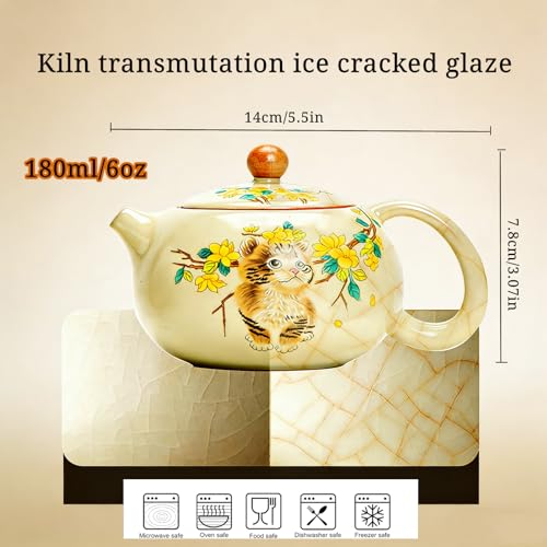 YINYAOCC 6 oz Ice Cracked Glaze Ceramic Teapot, Cute Cat & Floral Chinese Tea Pot, Small Single Serve Teapot for Herbal Tea/Black Tea, Home Decor & Gift for Cat Lovers by YINYAOCC - Image 7