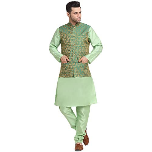 KRAFT INDIA Mens Sea Green Silk Blend Kurta and Churidar Set with...