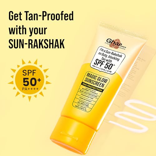 Image of Ghar Soaps Magic Glow SPF 50+ PA++++ Mineral Sunscreen | UVA /UVB & Blue Light Protection | No White Cast, Non-Greasy (60g, Pack of 1)