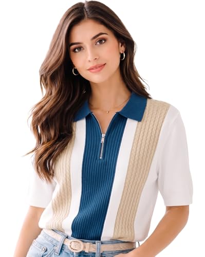 Image of AUSK Women's Casual Summer Polo Knit T-Shirt | Zip Collar Top | Half Sleeves | Ribbed Panel Design | Lightweight Comfort | Regular Fit