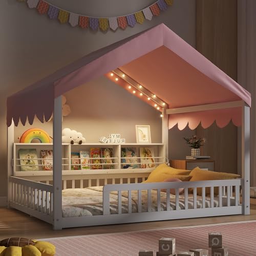 Image of Full Size Wooden Floor Bed for Kids,House-Shaped Daybed with Fense,3 Storage Bookshelves,Curtain and LED Light (White+Pink6)