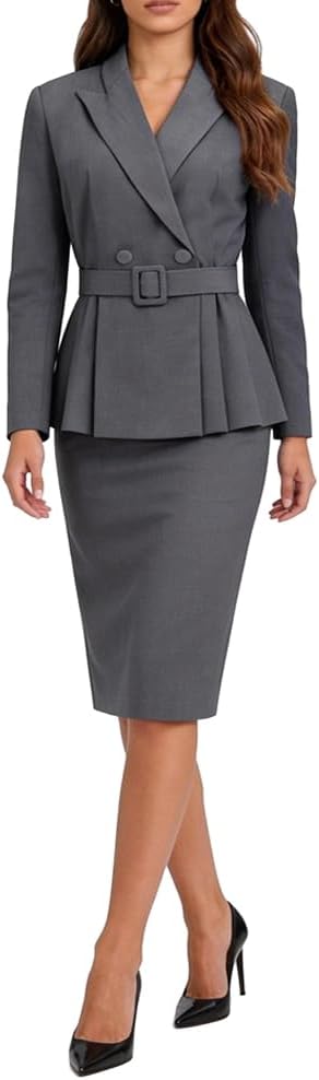 2 Piece Skirt Suit Set for Women Business Casual Outfits for Office Work | Long Sleeve Double Breasted Peplum Blazer with Belt, Pencil Skirt Set, Interview Outfit, Ladies Suits for Church