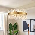 Siljoy Modern Crystal Chandelier, 12-Light Luxury Round 2-Tiers K9 Crystal Raindrop Chandelier, Brushed Brass Gold Crystal Pendant Ceiling Light for Living Dining Room Kitchen Island Foyer D19.7''