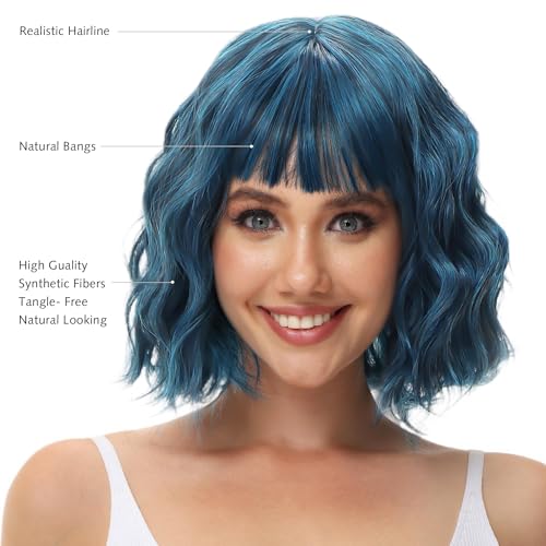 Image of Rose bud Wavy Bob Wig with Bangs Natural Blue Wig Synthetic Hair Shoulder Length Short Curly Wigs for Women