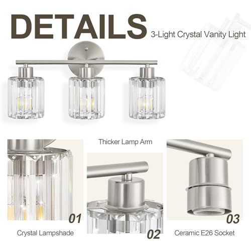 Image of Modern Brushed Nickel Crystal Bathroom Light Fixtures,3-Light