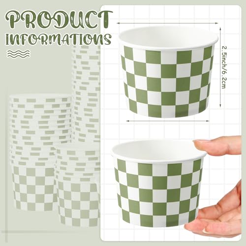Image of Zopeal 50 Count Sage Green Checkered Ice Cream Cups Disposable Race Car | Dessert Bowls 9 oz, Paper Ice Cream Bowls, Birthday Party Supplies, Snack Cups Sundae Picnic Yogurt Bowls for Food