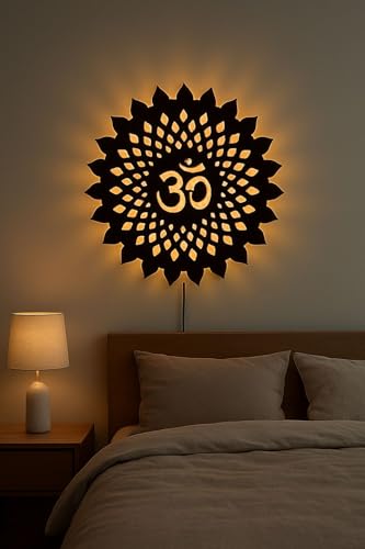 Image of Navneet Creation Wooden Om Mandala Wall Hanging With Backlit LED Light Wall Decor for Living Room & Bedroom | Handmade Home Decorative Items for Home And Office | Best Gift Items (45, Centimeters, 45, Centimeters)