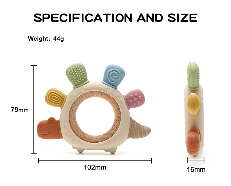 Miniatura 4 de Juguete mordedor de dinosaurio para bebé, silicona sin BPA y anillo de madera de haya natural para aliviar la dentición infantil, seguro, no tóxico,