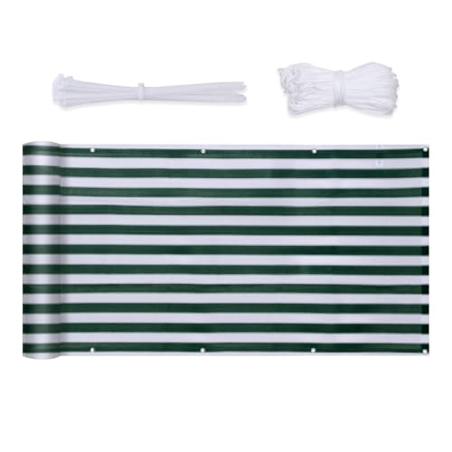 Sekey Balkon Sichtschutz Wetterfest Balkonabdeckung HDPE 220 g/m², 75x600cm, Leicht Transparent Wind- und UV-Schutz, mit Ösen, Nylon Kabelbinder und Kordel, Grün-Weiß Gestreift