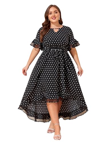 LapaPlus Übergröße Damen Elegante Partykleider Abendkleider Tupfen Mesh Maxikleid Sommerkleid Freizeitkleid mit Taschen