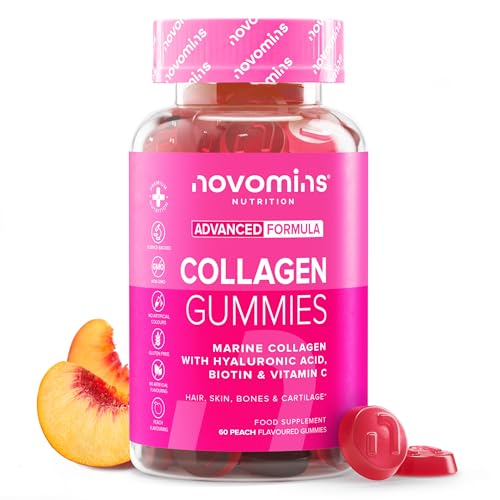 Colageno Hidrolizado Puro - 60 Gominolas con Acido Hialuronico, Vitamina C y Biotina - Sin Gluten - Colágeno Marino Hidrolizado Puro Tipo 1 - Piel, Articulaciones, Cartílagos y Cabello - Novomins
