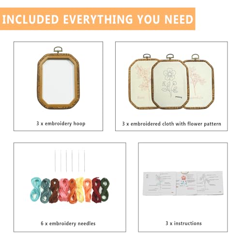 Image of GOGLAM 3 Pack Embroidery Starter Kit with Pattern, Stamped Cross Stitch Kits for Beginners, Hand Embroidery Kit for Beginners Adults with Embroidery Hoop and Instructions (Basic Style - 01)
