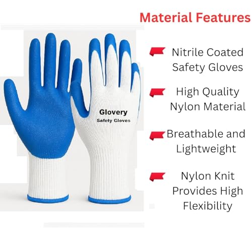 Image of Nylon Safety Work Gloves with Nitrile Coating - Industrial-Grade Protection for Cleaning, Warehouse, Mechanics, Construction - Durable, Flexible, Non-Slip Grip (White & Blue, 10 Pair)