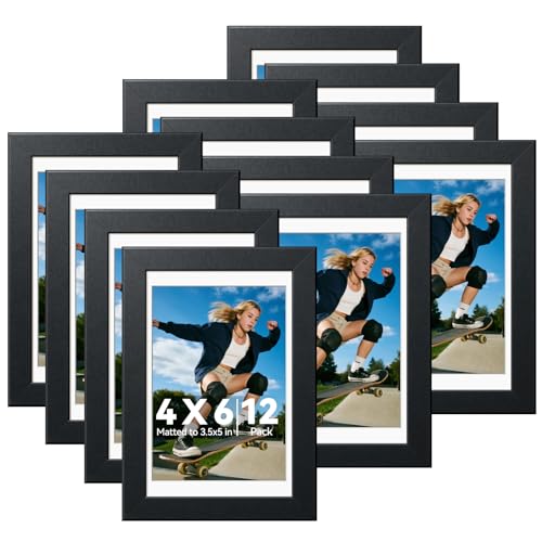 Image of HappyHapi 4x6 Picture Frames Set of 12, Tabletop or Wall Display Pictures 3.5x5 with Mat or 4x6 without, Bulk Picture Frames Collage for Prints, Photos, Landscape and Artwork (Black)