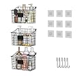 Wall Mounted Bin Basket with 5 Hooks 3 Label Plate Adhesive-3 Pack, Cabinet Hanging Metal Wire Basket,Rustic Farmhouse Decor, Storage Organization Shelf for Pantry Kitchen Bathroom 10.6*7.5*5.1inch