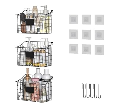 Wall Mounted Bin Basket with 5 Hooks 3 Label Plate Adhesive-3 Pack, Cabinet Hanging Metal Wire Basket,Rustic Farmhouse Decor, Storage Organization Shelf for Pantry Kitchen Bathroom 10.6*7.5*5.1inch