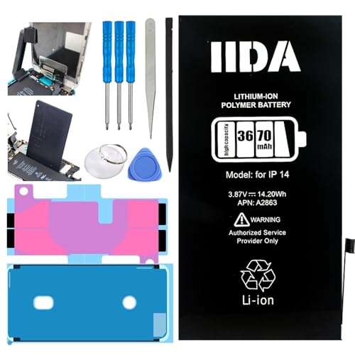 IIDA iPhone 14 Battery Replacement kit with Screen Adhesive Upgraded high capaicity 3670mah Real and Full Capacity 0 Cycle Full Repair kit Longer lasing Batteries