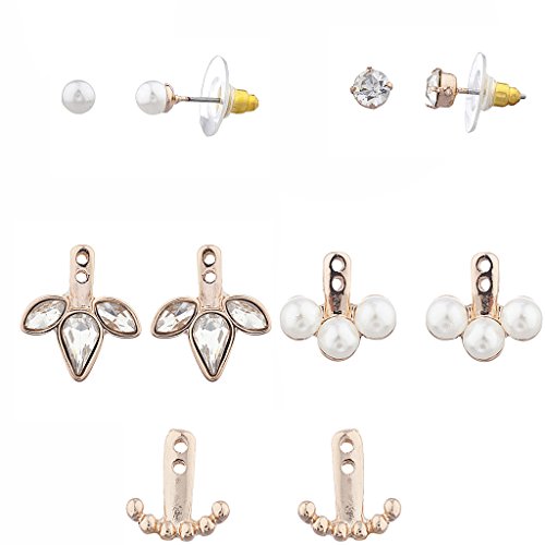 Lux Accessories Rose Gold Pearl Crystal Stone Ear Jacket Multi Earring Set (5pc)