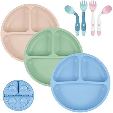 Vicloon Baby Teller, 3Pcs Silikon Rutschfester Baby Tischset mit 2 Paar Löffel+Gabel, BPA Frei, Geteilte Standfeste Babyteller Kleinkind Teller für Baby Kleinkind und Kinder(Dunkel Gefärbt) Cover