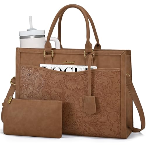 Image of LOVEVOOK Laptop Tote Bag for Women, Office Work Bag Briefcase fit for 15.6 inch Laptop, Teacher Computer Bag Handbag,Retro Embossed Brown