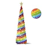 5FT Pop Up Christmas Tree with LED Lights and Tree Topper- Collapsible Artificial Tinsel Pencil Christmas Tree, Skinny Xmas Tree for Indoor Home Apartment Porch Holiday Party Decorations(Rainbow)