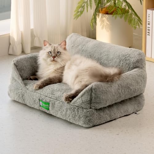 MEWOOFUN Katzen Sofa Katzenbett für Wohnungskatzen, Niedlich Kätzchen Bett Haustiersofa mit abnehmbarem, waschbarem Bezug und Rutschfester Unterseite für kleine Hunde (Grau, S)