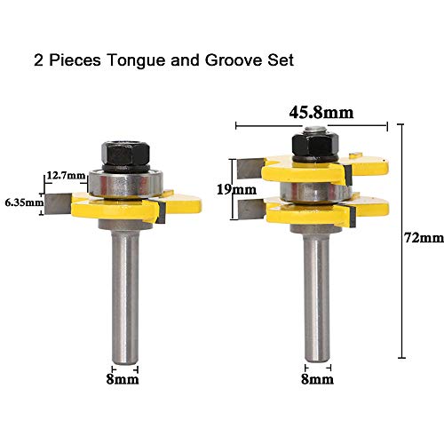 ASNOMY 3-teiliges Oberfräser Set, 45 Grad Lock Mitre Router Bit Nutfräser + 8 mm Schaft Zungenschaft und Nutfräse Set 3 Zähne in Cutter aus Holz für Holzarbeiten