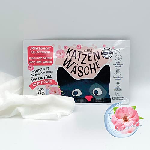 Kleine Katzenwäsche Toallitas húmedas 'Fresh Flower' con ducha de bolsillo de aloe vera, caja de 5, camping, senderismo, viajes, refrescante, toallitas húmedas empaquetadas individualmente.