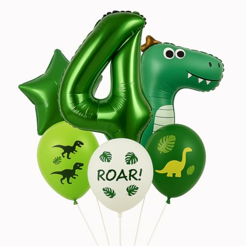 Set de Globos Dinosaurios para Cumpleaños, Globo Gigante, Incluye Decoración Dinosaurios para Fiesta Temática, Cumpleaños y Sesiones de Fotos (7 Piezas - Número 4)